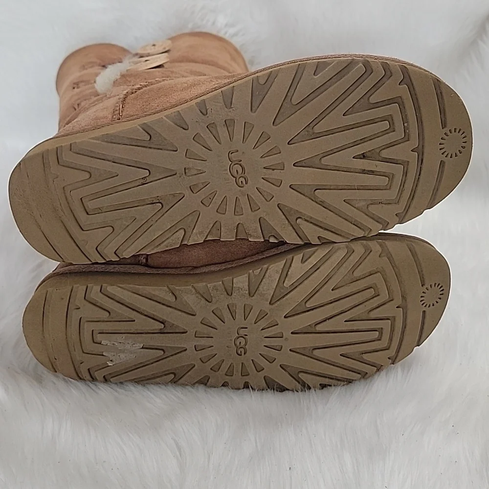 UGG Bailey Button Triplet Tall Chestnut‎ Suede Shearling Mid Calf Pull On Boots